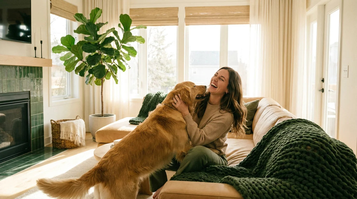 Happy person playing with a dog in a cozy living room