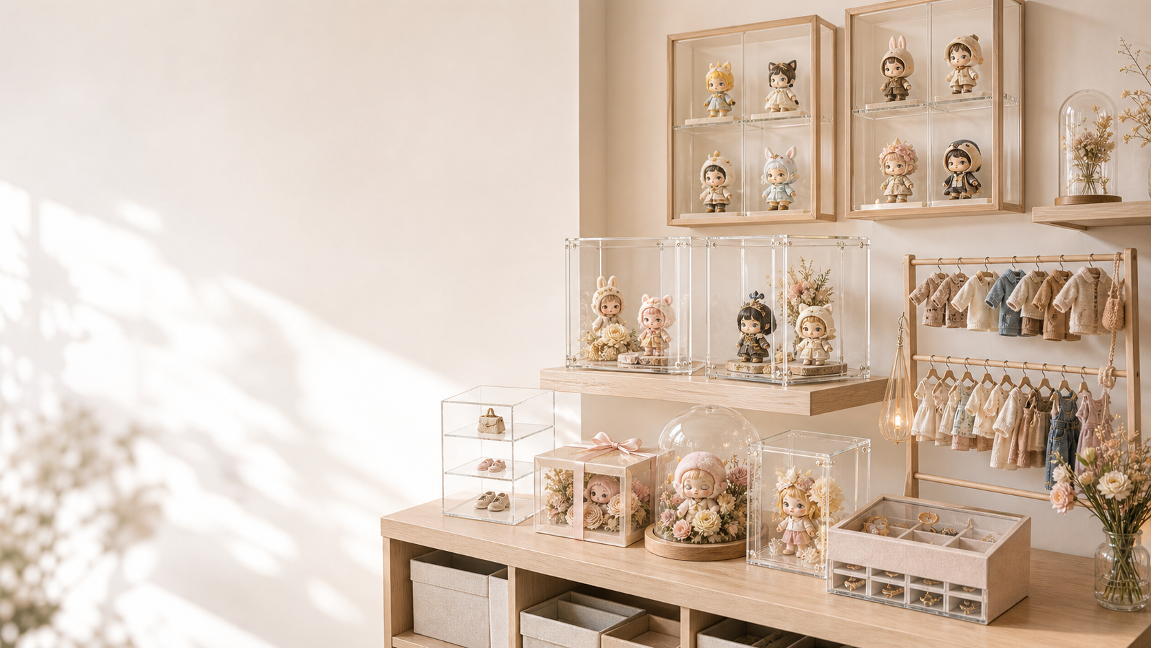 Minimal bright Doluchi collector room with acrylic display, preserved flower gift, and mini figure accessories